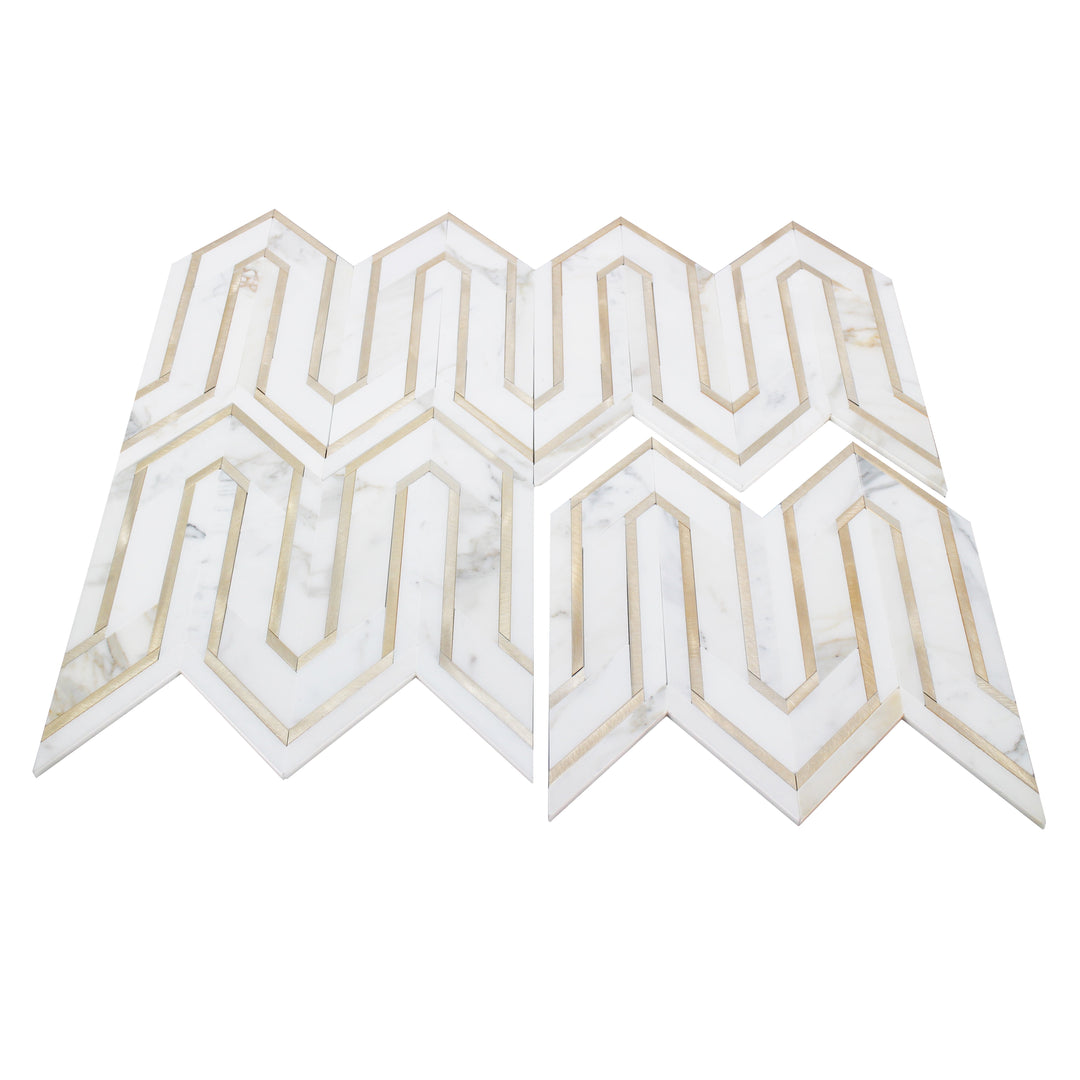 Arrows-Calacatta Gold with Gold Metal Accents 12-in x 9-in Polished Waterjet Mosaic Wall Tile(0.75-sq. ft/ Piece)