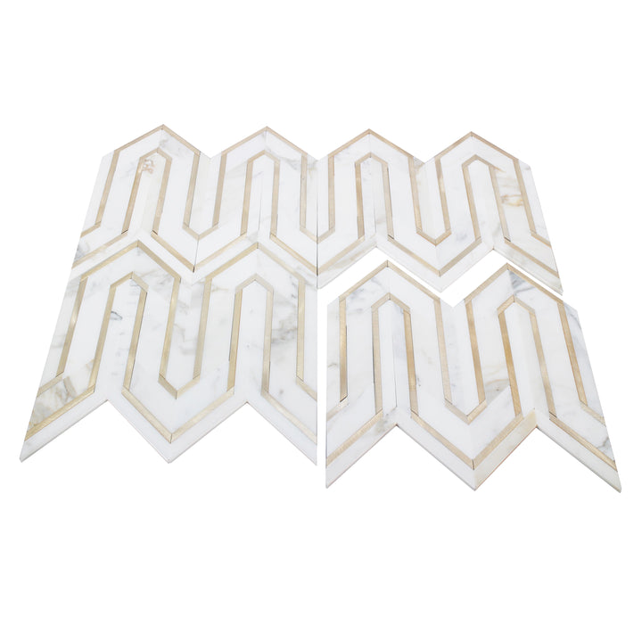Arrows-Calacatta Gold with Gold Metal Accents 12-in x 9-in Polished Waterjet Mosaic Wall Tile(0.75-sq. ft/ Piece)