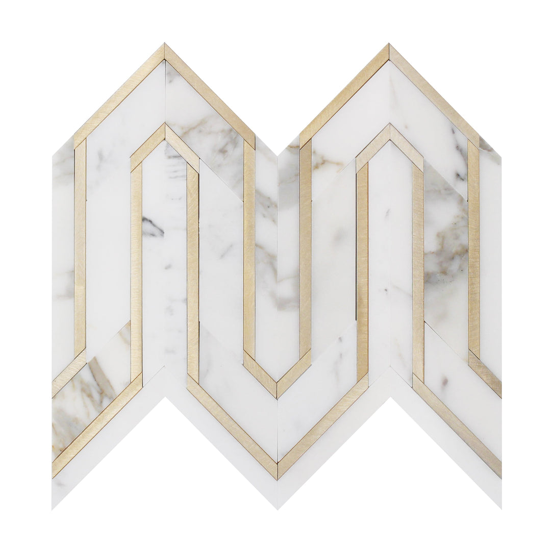 Arrows-Calacatta Gold with Gold Metal Accents 12-in x 9-in Polished Waterjet Mosaic Wall Tile(0.75-sq. ft/ Piece)