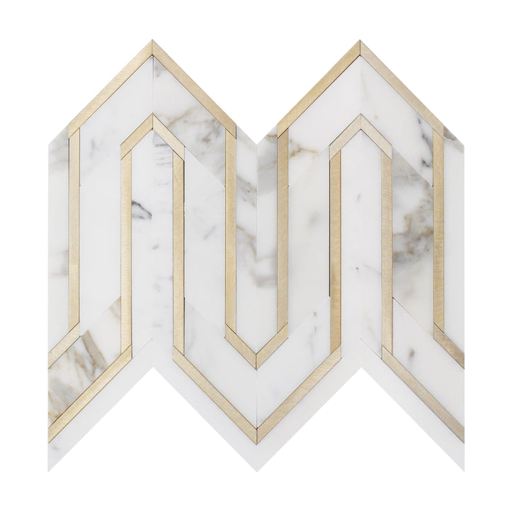 Arrows-Calacatta Gold with Gold Metal Accents 12-in x 9-in Polished Waterjet Mosaic Wall Tile(0.75-sq. ft/ Piece)