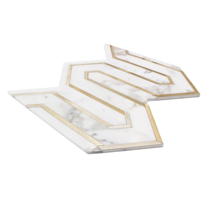 Arrows-Calacatta Gold with Gold Metal Accents 12-in x 9-in Polished Waterjet Mosaic Wall Tile(0.75-sq. ft/ Piece)
