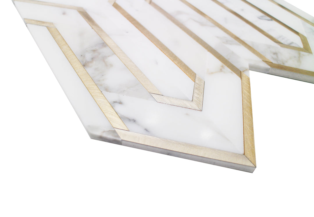 Arrows-Calacatta Gold with Gold Metal Accents 12-in x 9-in Polished Waterjet Mosaic Wall Tile(0.75-sq. ft/ Piece)