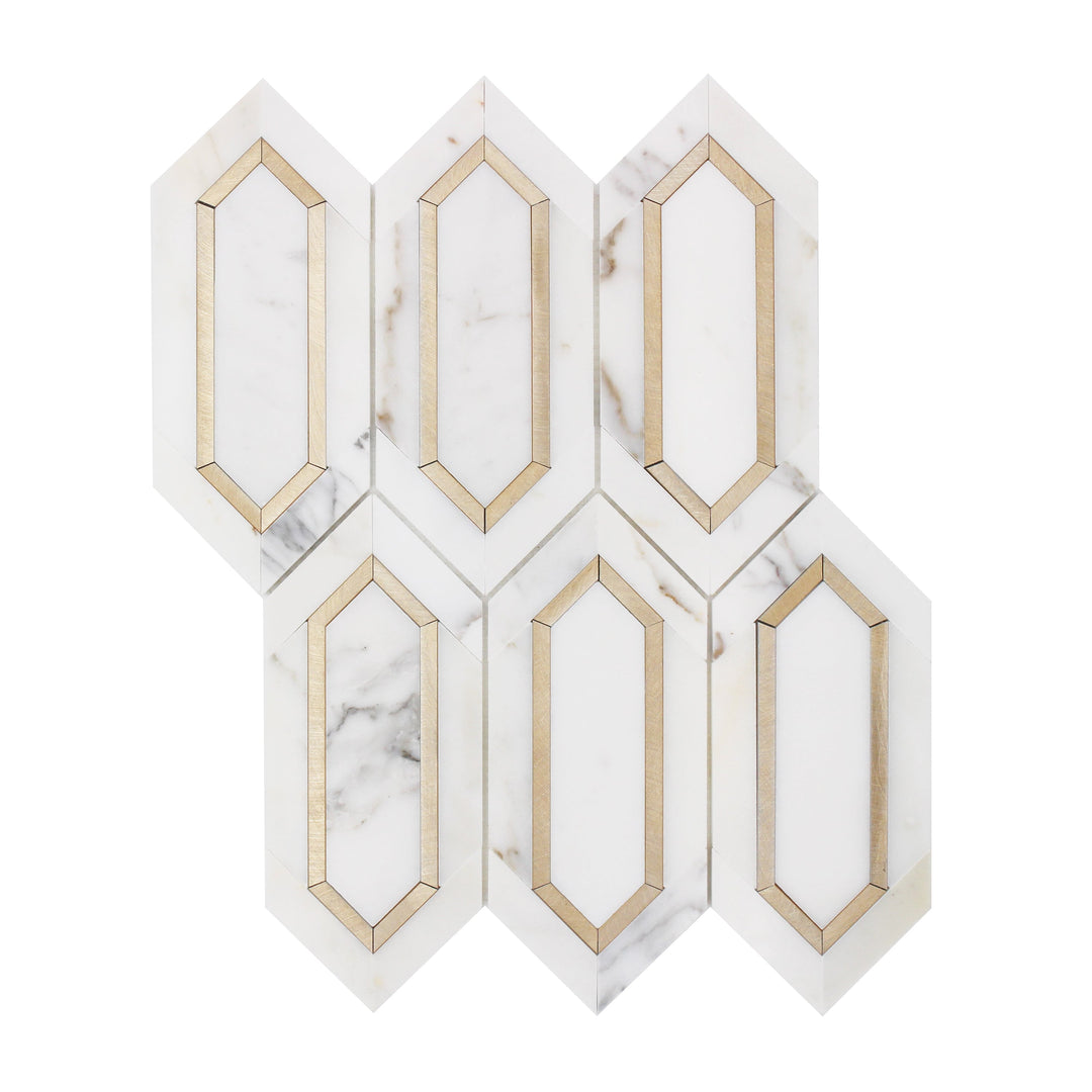 Calacatta Gold with Metal Elongated Hexagon 12-in x 12-in Waterjet Mosaic Wall Tile(1-sq. ft/ Piece)