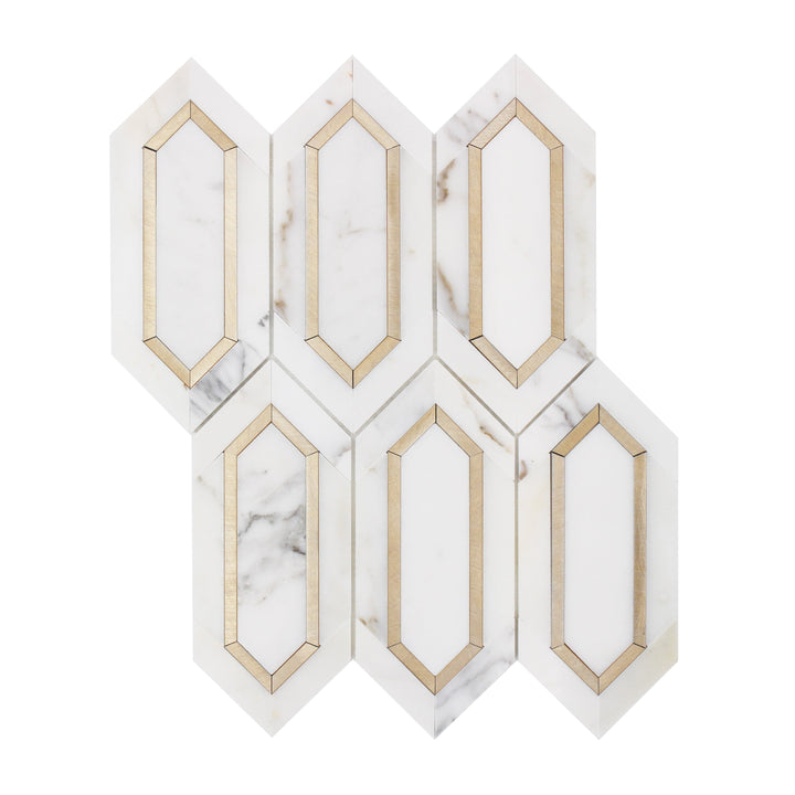 Calacatta Gold with Metal Elongated Hexagon 12-in x 12-in Waterjet Mosaic Wall Tile(1-sq. ft/ Piece)