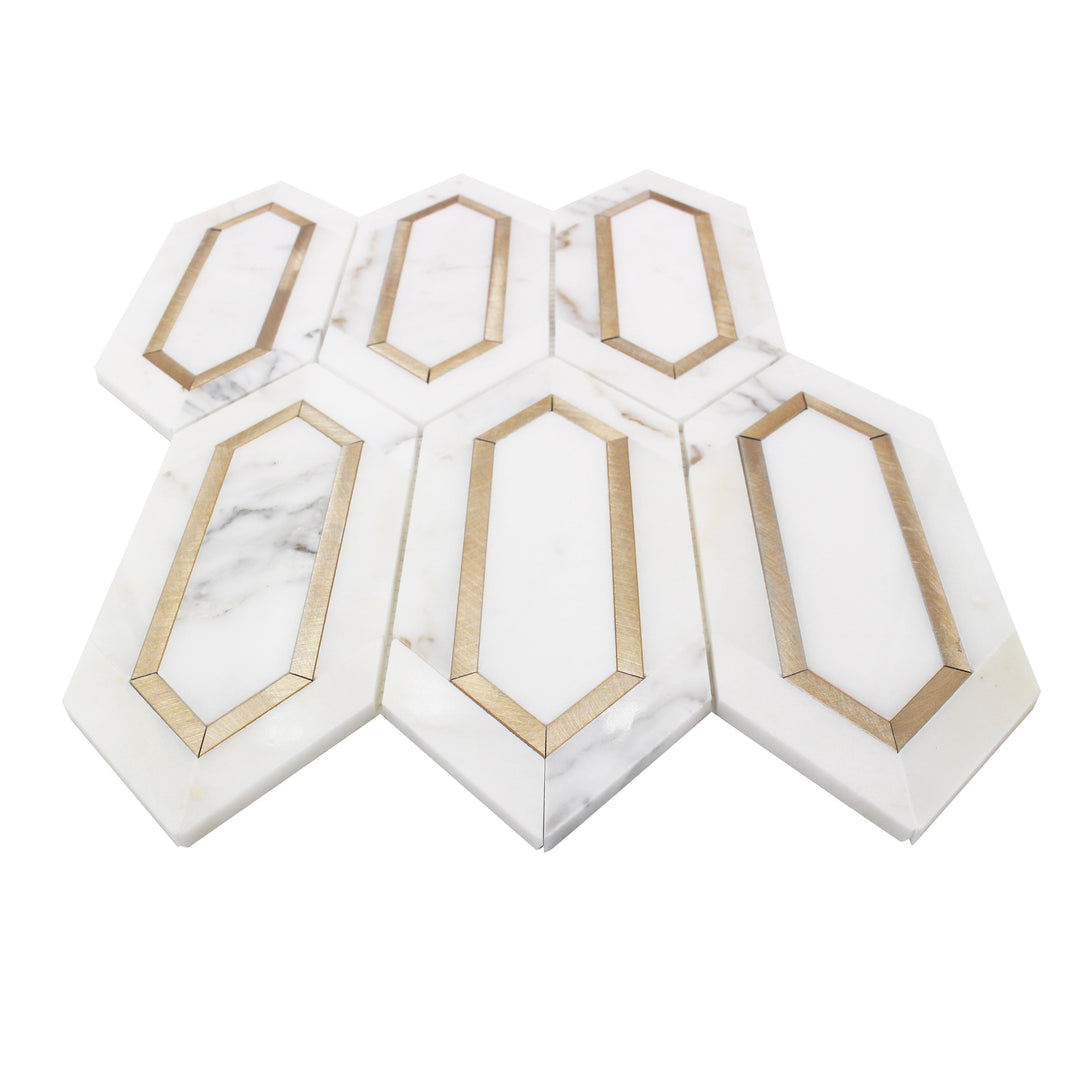 Calacatta Gold with Metal Elongated Hexagon 12-in x 12-in Waterjet Mosaic Wall Tile(1-sq. ft/ Piece)