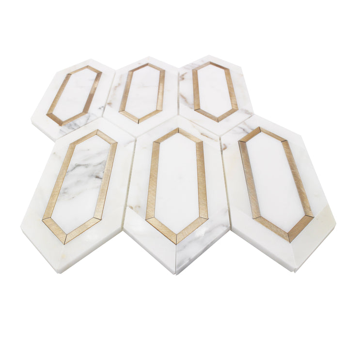 Calacatta Gold with Metal Elongated Hexagon 12-in x 12-in Waterjet Mosaic Wall Tile(1-sq. ft/ Piece)
