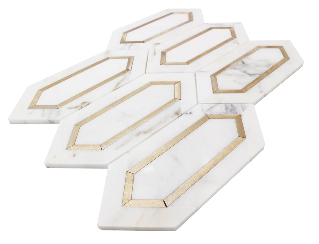 Calacatta Gold with Metal Elongated Hexagon 12-in x 12-in Waterjet Mosaic Wall Tile(1-sq. ft/ Piece)