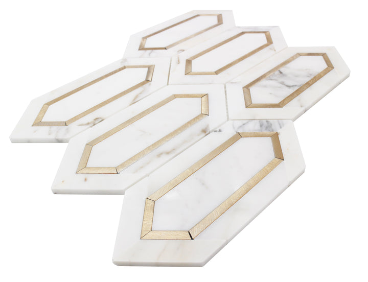 Calacatta Gold with Metal Elongated Hexagon 12-in x 12-in Waterjet Mosaic Wall Tile(1-sq. ft/ Piece)