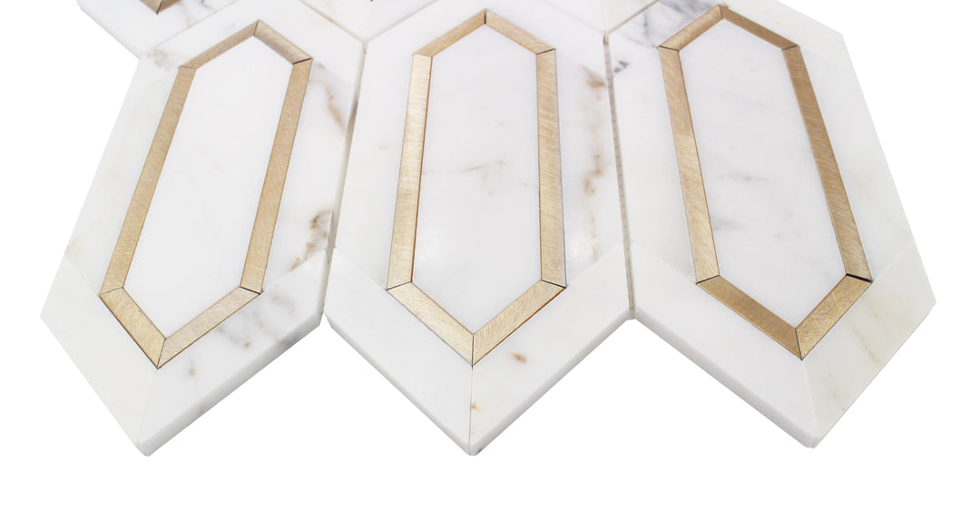 Calacatta Gold with Metal Elongated Hexagon 12-in x 12-in Waterjet Mosaic Wall Tile(1-sq. ft/ Piece)