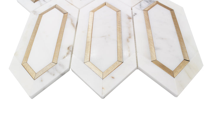 Calacatta Gold with Metal Elongated Hexagon 12-in x 12-in Waterjet Mosaic Wall Tile(1-sq. ft/ Piece)
