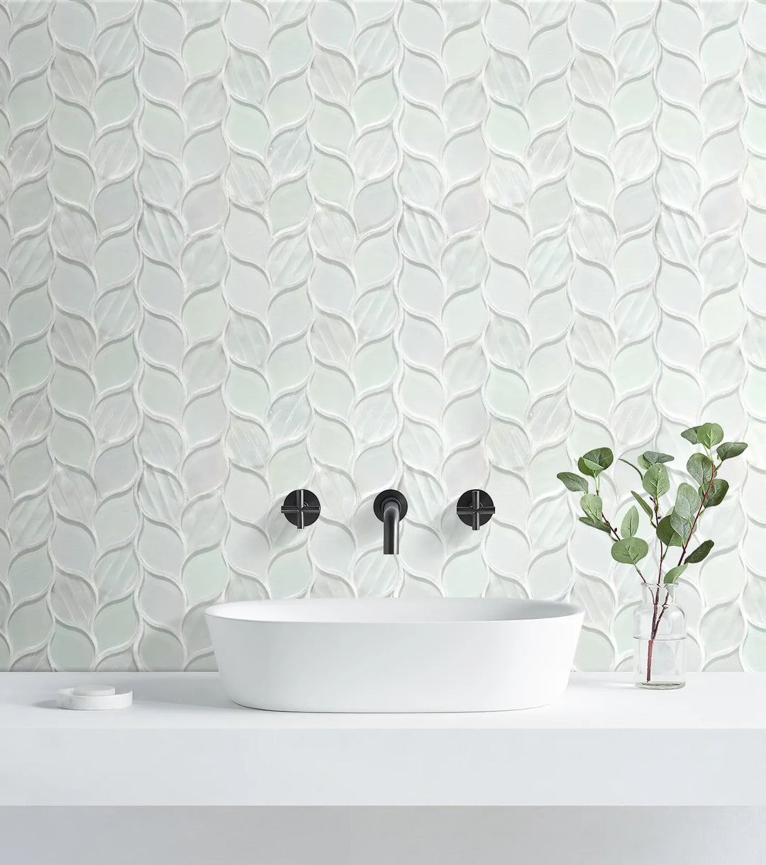Laser Cut Iridescent Unique Ascending Vine Leaf Design Glass/Stone Mixed Diamond Mosaic Wall Tile - Sample (Product Shown is Full Size)