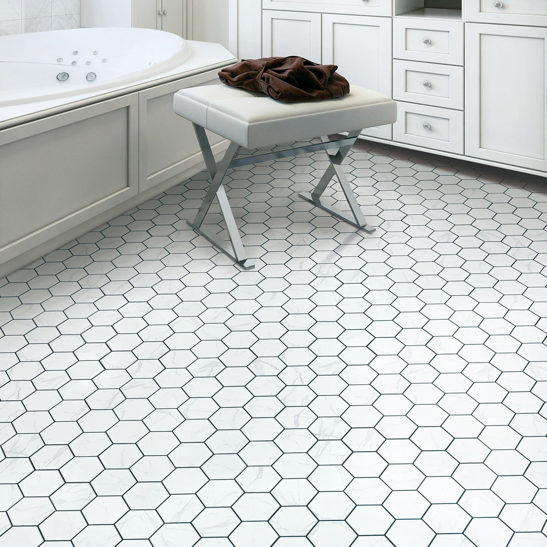 Contemporary bathroom featuring satin glazed Statuario Hexagon Mosaic Tiles – white porcelain wall and floor tile.