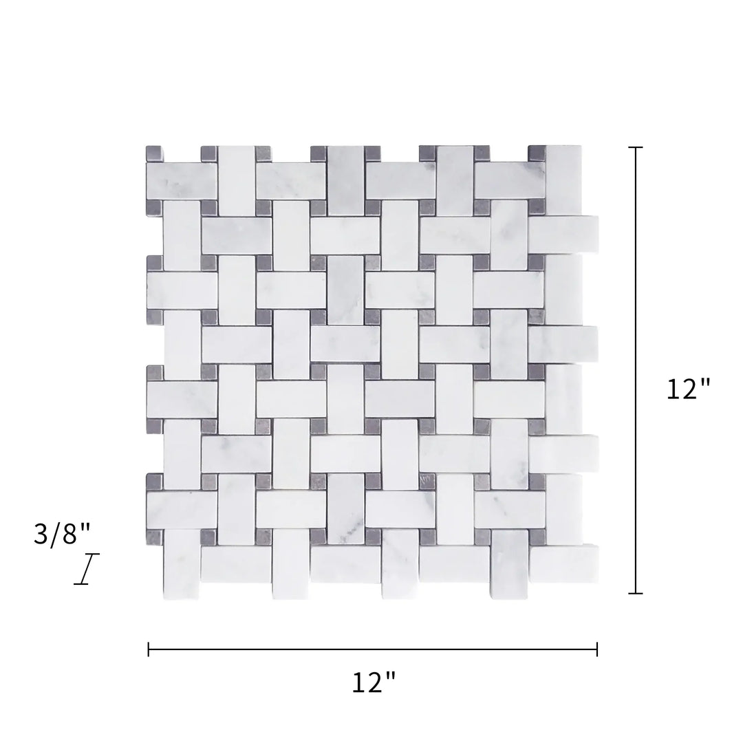 Oriental White + Gray Lady Polished Basketweave Marble Mosaic Floor and Wall Tile - Sample (Product Shown is Full Size)