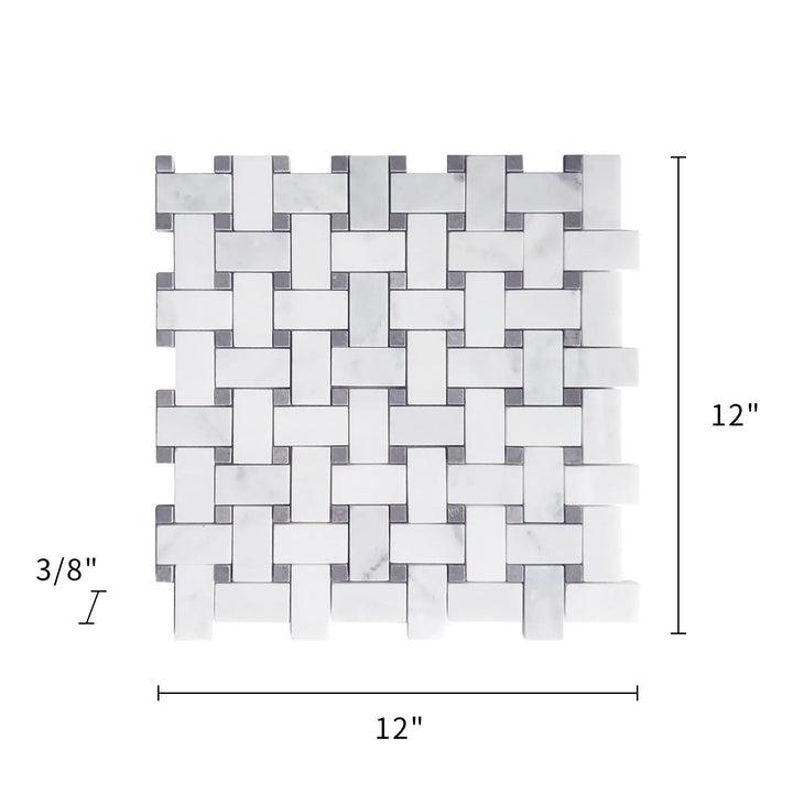 Oriental White + Gray Lady Polished Basketweave Marble Mosaic Floor and Wall Tile - Sample (Product Shown is Full Size)