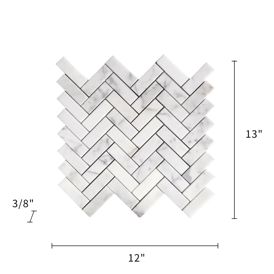 Size diagram of Calacatta Herringbone Honed Marble Mosaic Tile – 12x13 inch layout with pattern details