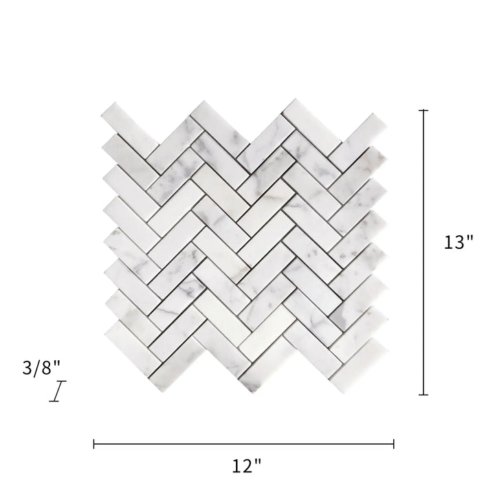 Size diagram of Calacatta Herringbone Honed Marble Mosaic Tile – 12x13 inch layout with pattern details