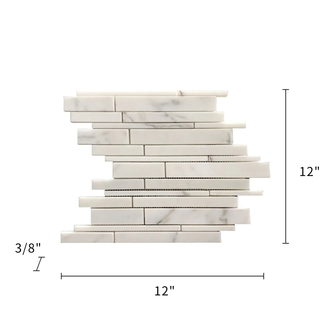 Size diagram of Calacatta Random Liners Marble Mosaic – 12x12 inch layout with labeled strip pattern
