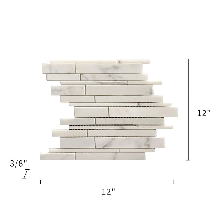 Size diagram of Calacatta Random Liners Marble Mosaic – 12x12 inch layout with labeled strip pattern