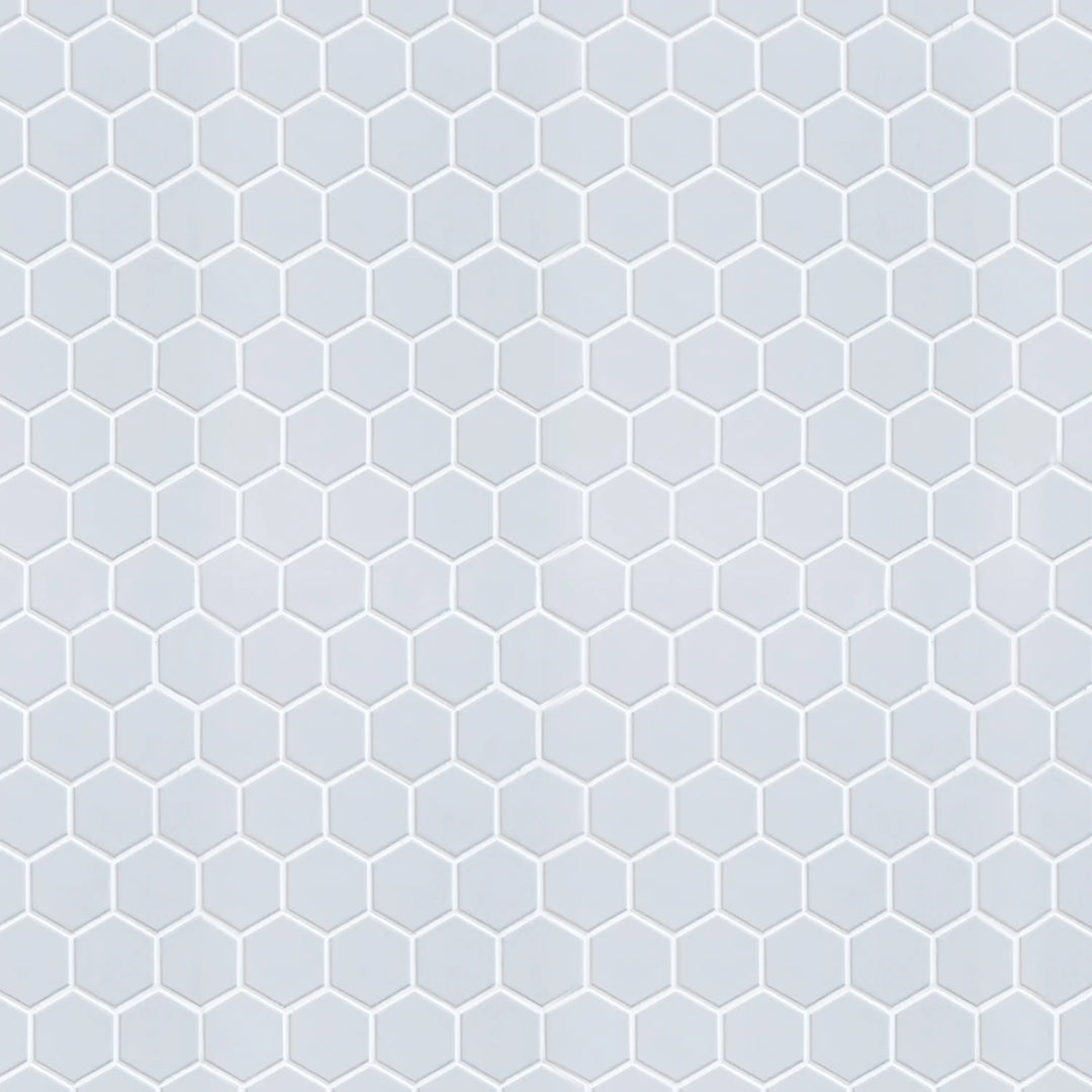 Display board featuring Soft Gray Hexagon Matte Porcelain Mosaic Tile – elegant 13x11 inch tile arrangement.