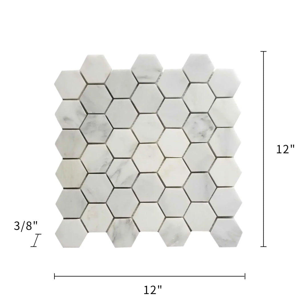 Size diagram of 2-in Calacatta Hexagon Polished Marble Tile – 12x12 inch layout and dimensions