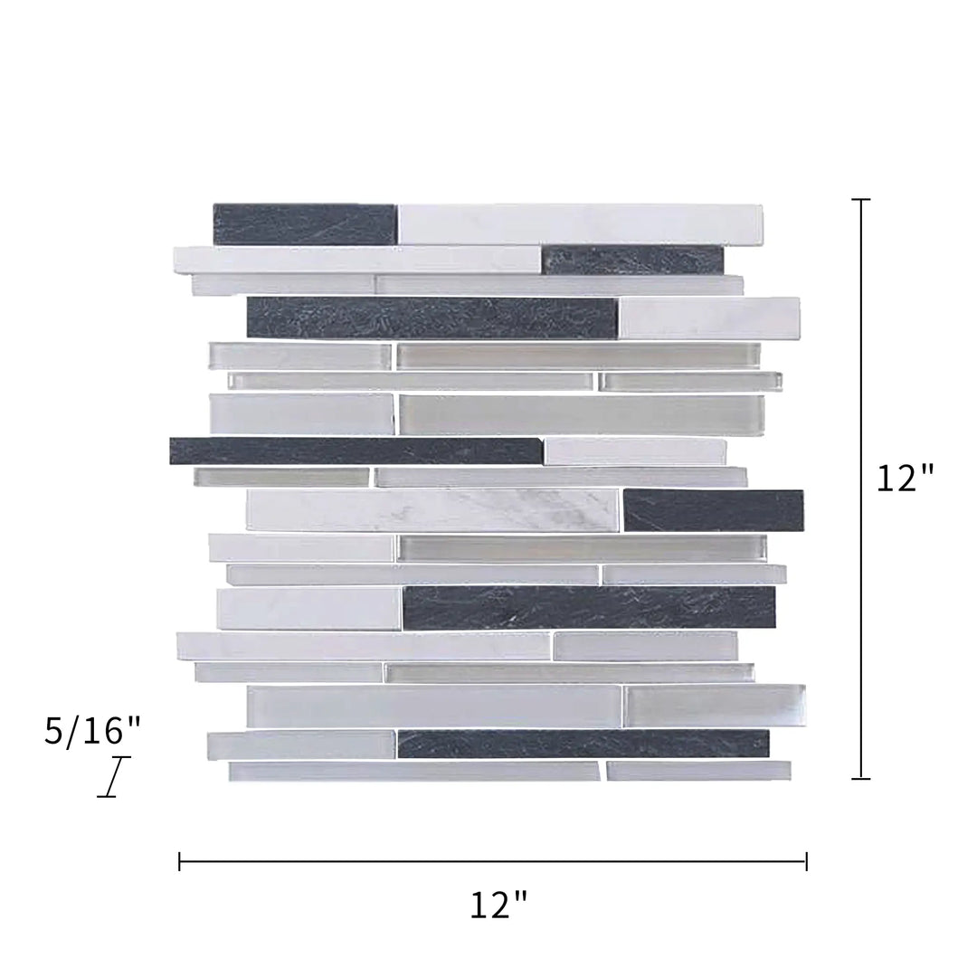 Iron Staircase Marble Slate & Glass Random Strips 12-in x 12-in Glass Mosaic Wall Tile(1-sq. ft/ Piece)