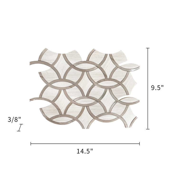 Size diagram of Wooden White & Athens Gray Marble Interlocking Circle Waterjet Mosaic Tile – 9.5x14.5 inch tile with 0.96 sq. ft coverage.