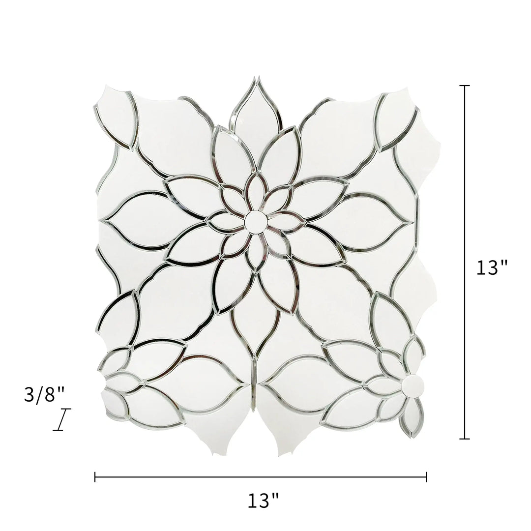 Size diagram of Thassos & Mirror Floral Waterjet Mosaic Tile – 13x13 inch tile with 1.17 sq. ft coverage.
