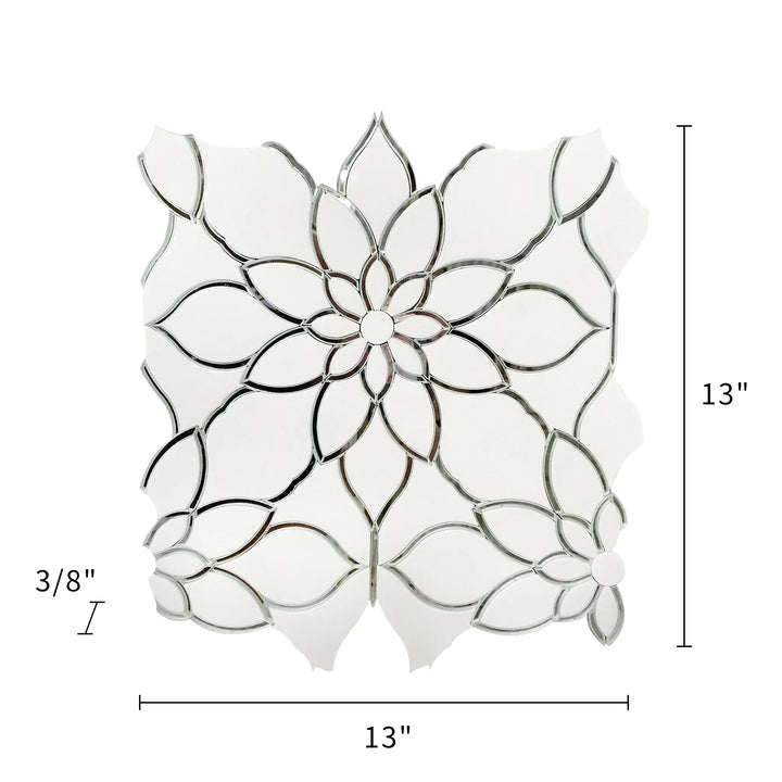 Size diagram of Thassos & Mirror Floral Waterjet Mosaic Tile – 13x13 inch tile with 1.17 sq. ft coverage.