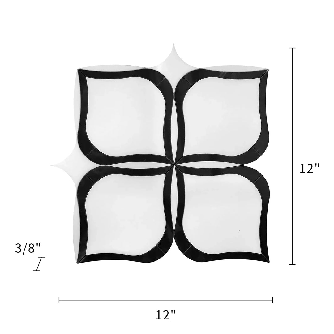 Tulip Pattern Thassos & Black Marble Waterjet Mosaic Floor and Wall Tile - Sample (Product Shown is Full Size)