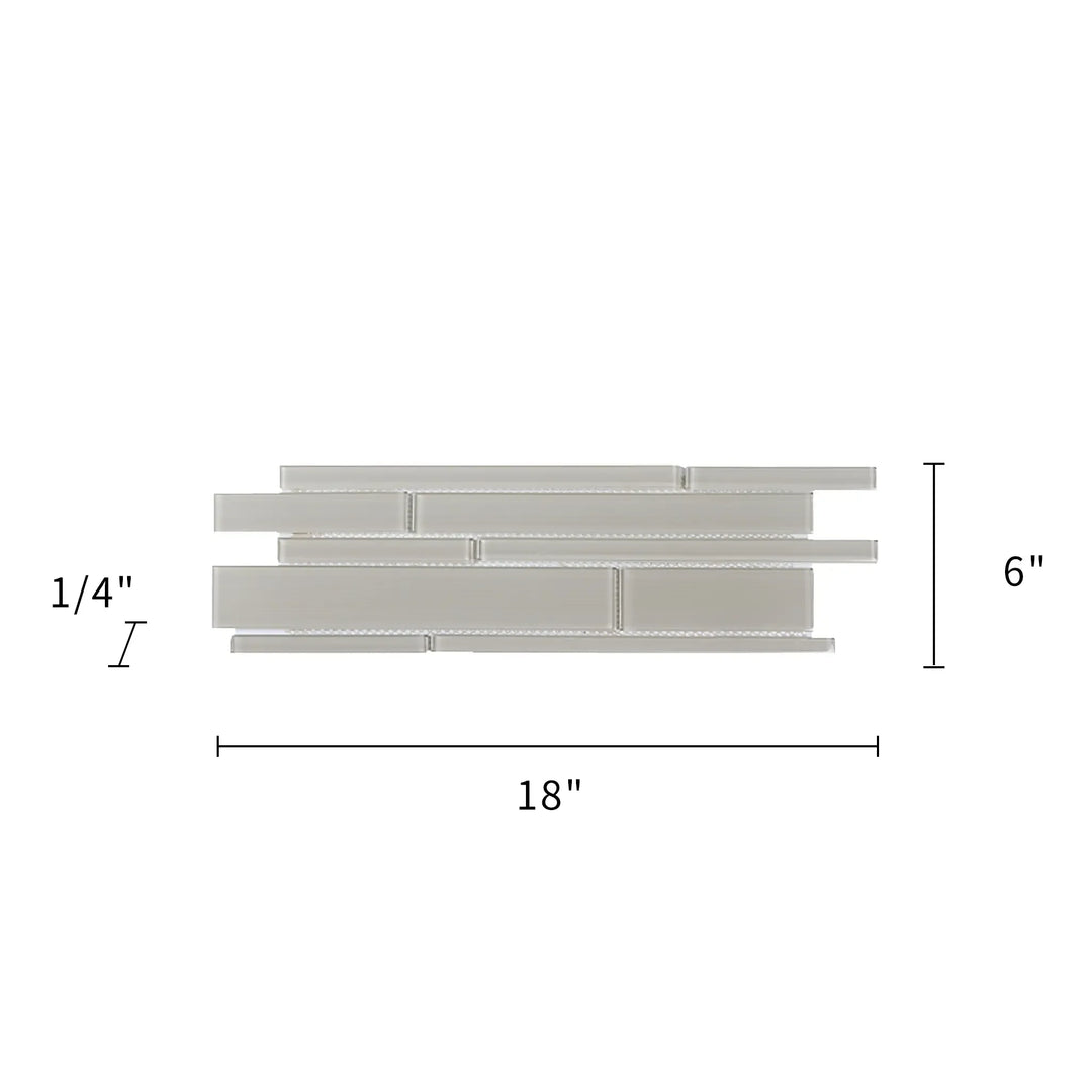 Size diagram of Nude Denim Glass Mix Random Strip Tile – 6x18 inch glass mosaic layout with 0.75 sq. ft coverage, precise measurements for installation.
