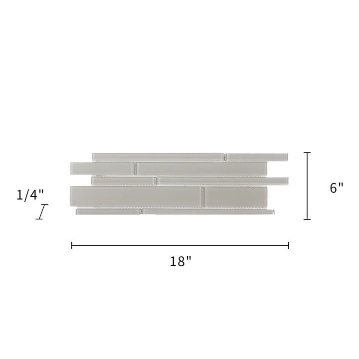 Size diagram of Nude Denim Glass Mix Random Strip Tile – 6x18 inch glass mosaic layout with 0.75 sq. ft coverage, precise measurements for installation.