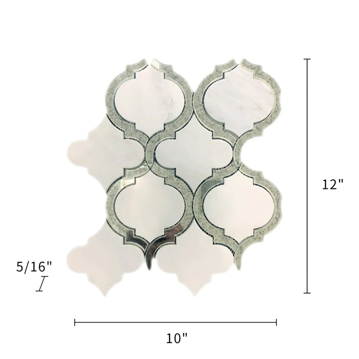  Size diagram of Oriental White and Antique Mirror Lantern Mosaic – labeled 12-in x 10-in dimensions with coverage and material info
