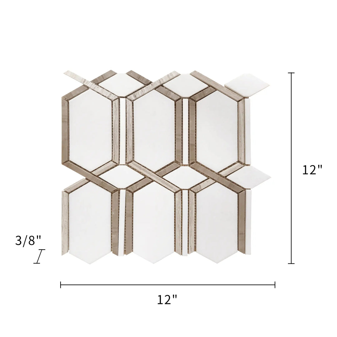 Size diagram of Wooden White with Athens Gray and Thassos Geometric Waterjet Mosaic Tile – 12x12 inch tile with 1 sq. ft coverage.