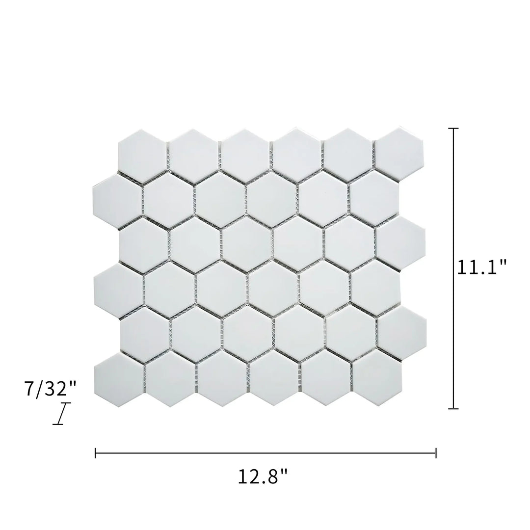 Size diagram of 12x12 inch 2-in White Hexagon Porcelain Tile – includes tile dimensions and labeled 1-sq. ft coverage area.