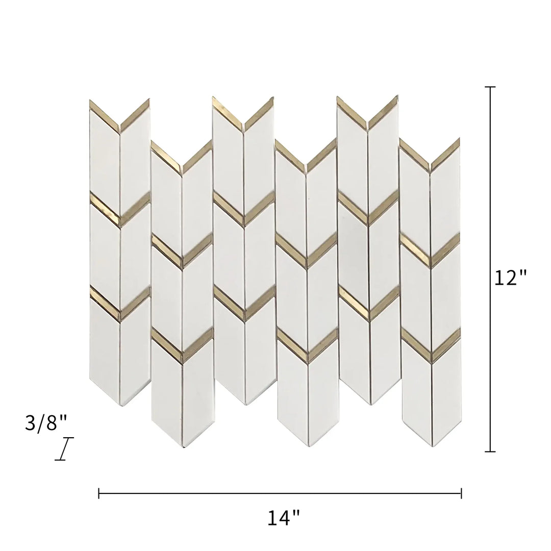 Size diagram of Dolomite White Marble with Arrow Gold Brass Accent Waterjet Mosaic Tile – 14x12 inch tile with 1.17 sq. ft coverage.
