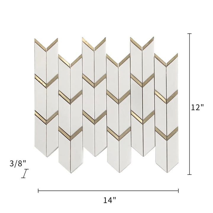 Size diagram of Dolomite White Marble with Arrow Gold Brass Accent Waterjet Mosaic Tile – 14x12 inch tile with 1.17 sq. ft coverage.