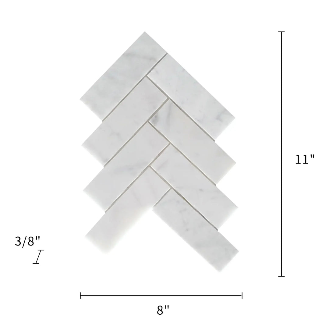 Size diagram of Calacatta Herringbone Polished Marble Mosaic Tile – 8x11 inch tile dimensions and veining details