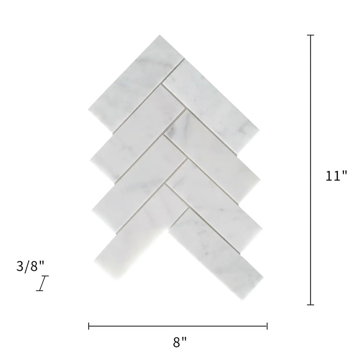 Size diagram of Calacatta Herringbone Polished Marble Mosaic Tile – 8x11 inch tile dimensions and veining details