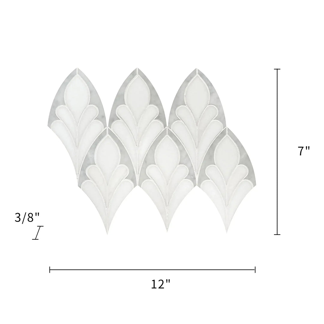 Size diagram of Carrara & Thassos Soft Floral Marble Waterjet Mosaic Tile – 7x12 inch tile with 0.6 sq. ft coverage.