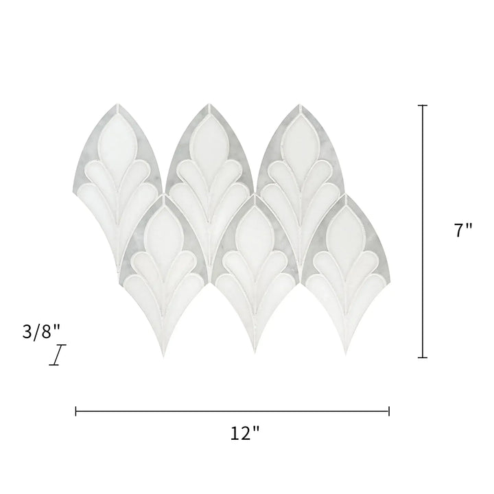 Size diagram of Carrara & Thassos Soft Floral Marble Waterjet Mosaic Tile – 7x12 inch tile with 0.6 sq. ft coverage.