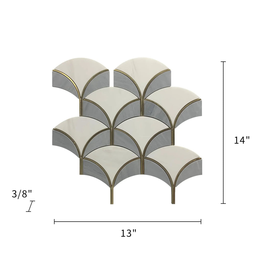 Dimension diagram of Thassos & Gray Shell Waterjet Tile – 14-in x 13-in size with coverage details and gold accent indicators