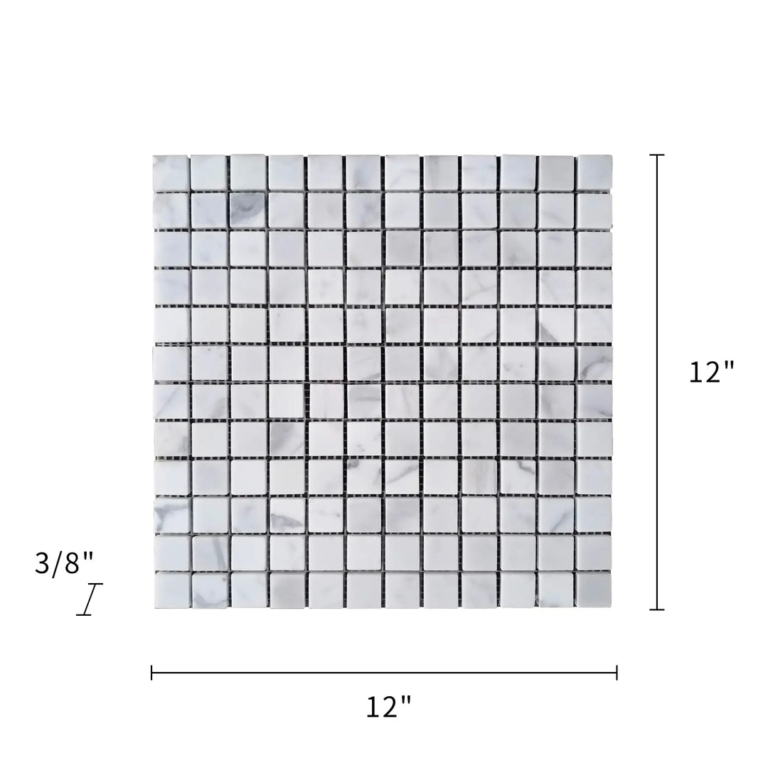 Size diagram of Calacatta Polished Marble Mosaic Tile – 12x12 inch tile dimensions and natural veining details