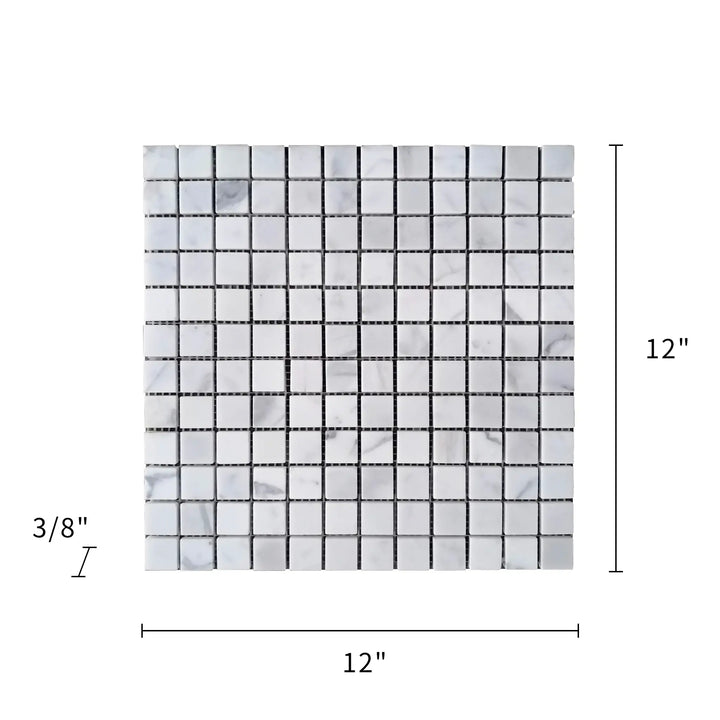 Size diagram of Calacatta Polished Marble Mosaic Tile – 12x12 inch tile dimensions and natural veining details