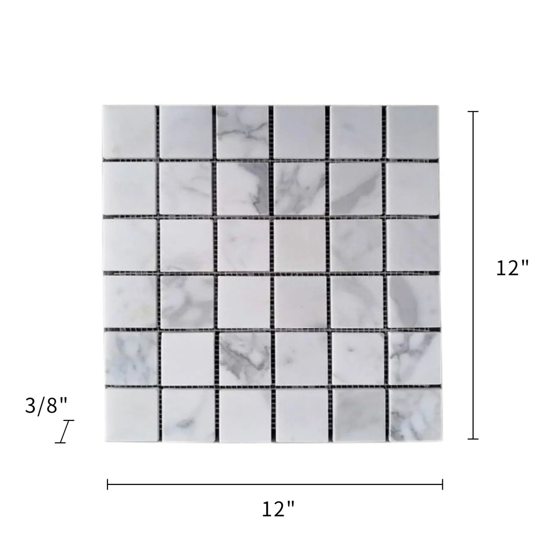 Size diagram of Calacatta Polished Marble Mosaic Tile – 12x12 inch polished marble tile with natural veining