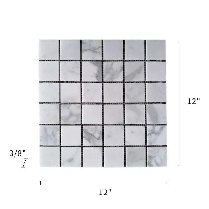 Size diagram of Calacatta Polished Marble Mosaic Tile – 12x12 inch polished marble tile with natural veining