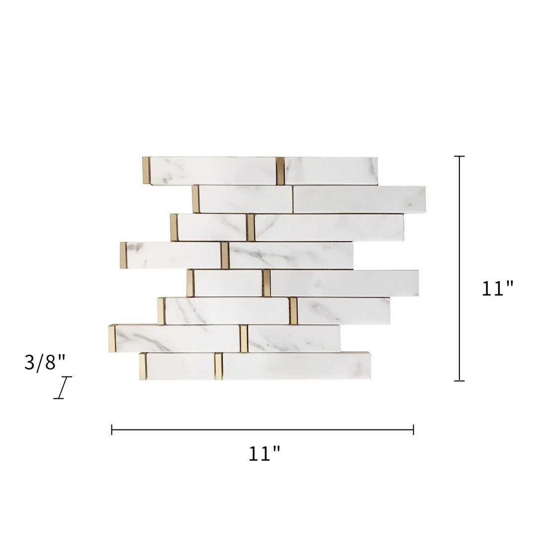 Size diagram of 11x11 inch Calacatta Gold Waterjet Mosaic Tile – polished random-length layout with labeled measurements