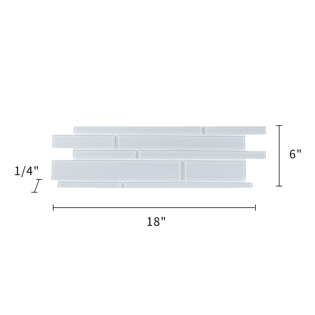 Size diagram of Ice Glass Mix Random Strip Decorative Tile – 6x18 inch layout with 0.75 sq. ft coverage for accurate installation.