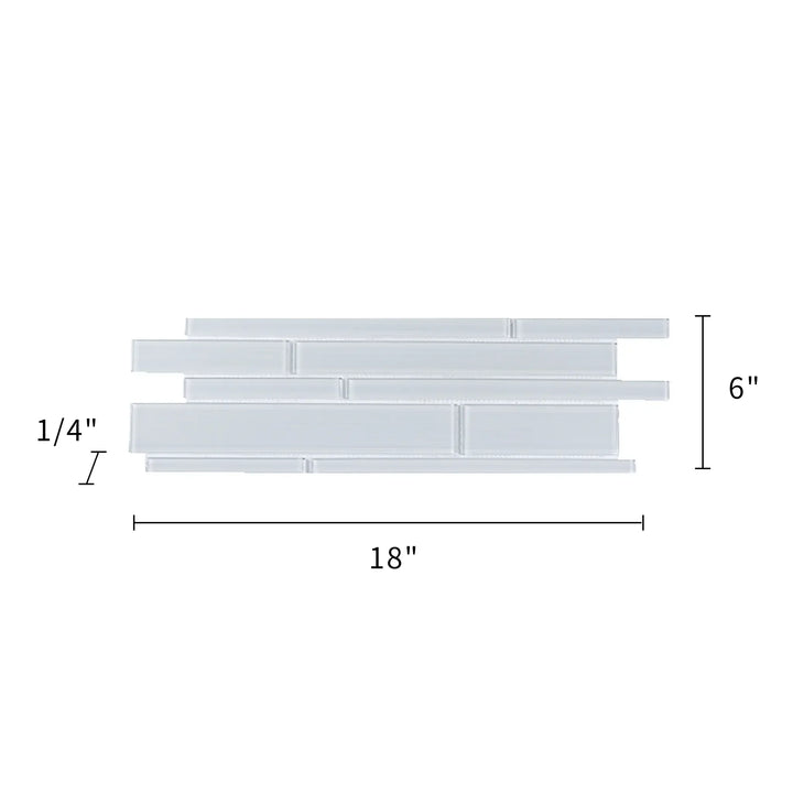 Size diagram of Ice Glass Mix Random Strip Decorative Tile – 6x18 inch layout with 0.75 sq. ft coverage for accurate installation.