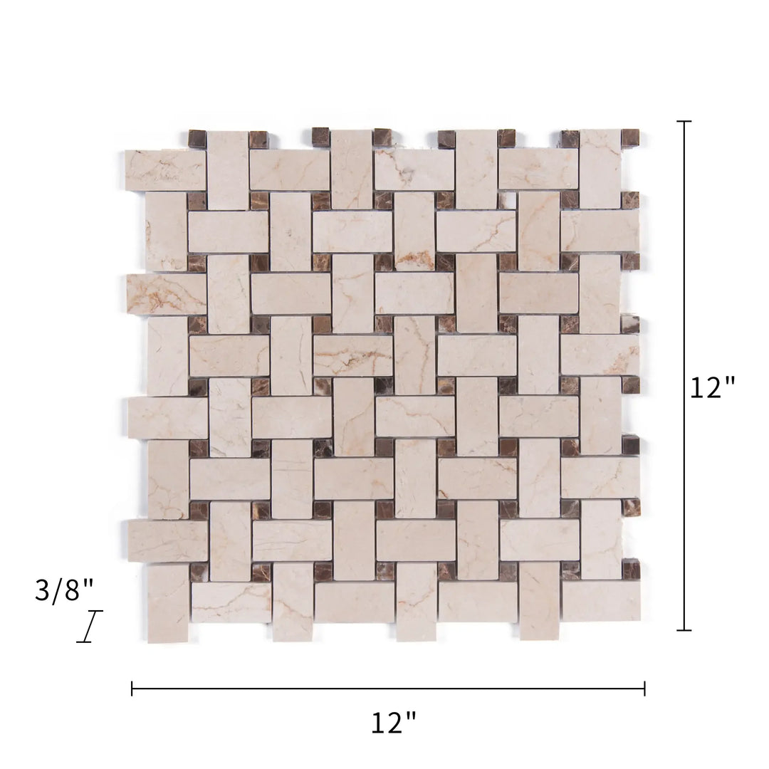 Cream Marfil+Emperador Basketweave Polished Marble Mosaic Floor and Wall Tile - Sample (Product Shown is Full Size)