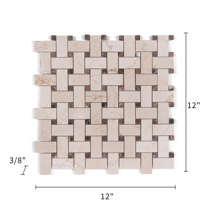 Cream Marfil+Emperador Basketweave Polished Marble Mosaic Floor and Wall Tile - Sample (Product Shown is Full Size)